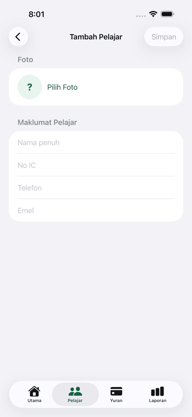 Borang tambah pelajar dalam app iOS