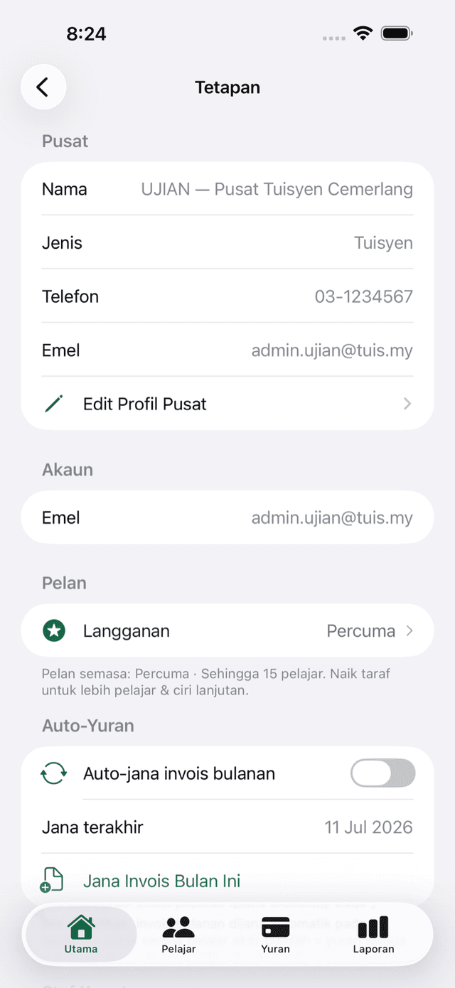 Tetapan pusat dan auto-yuran dalam app iOS