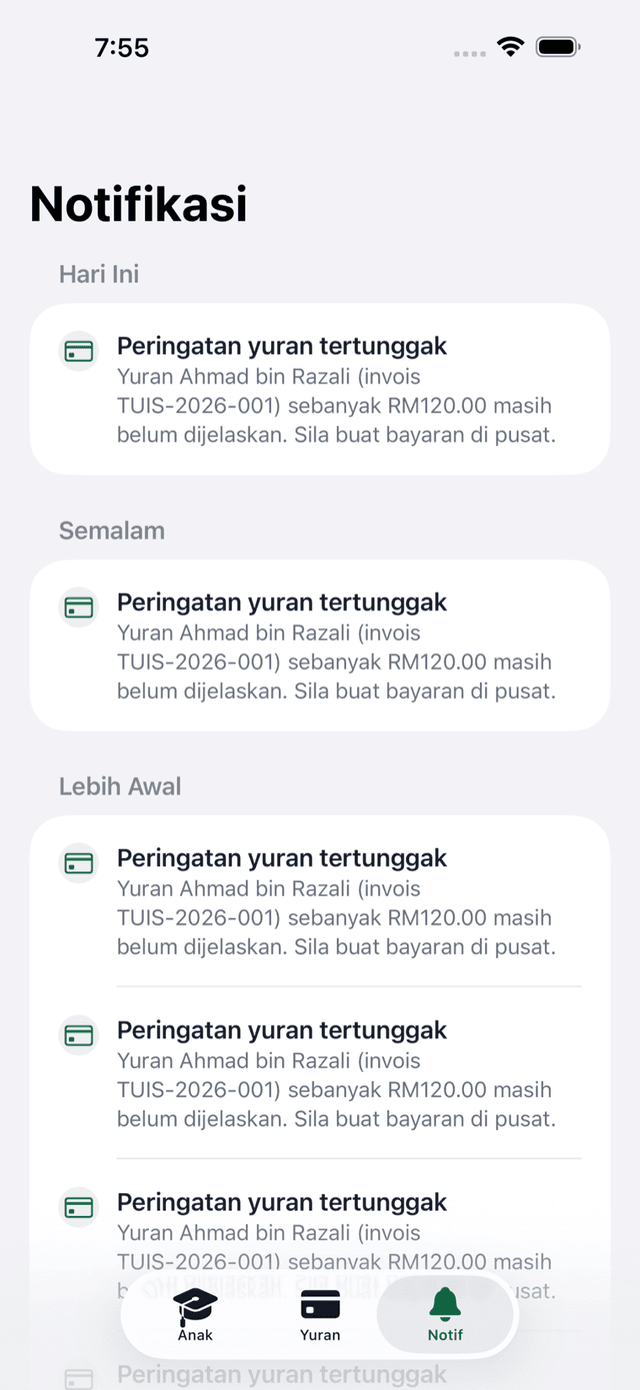Notifikasi ibu bapa dalam app iOS