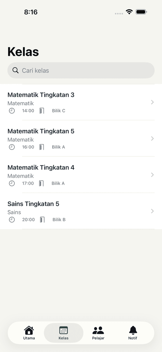 Senarai kelas tutor dalam app iOS