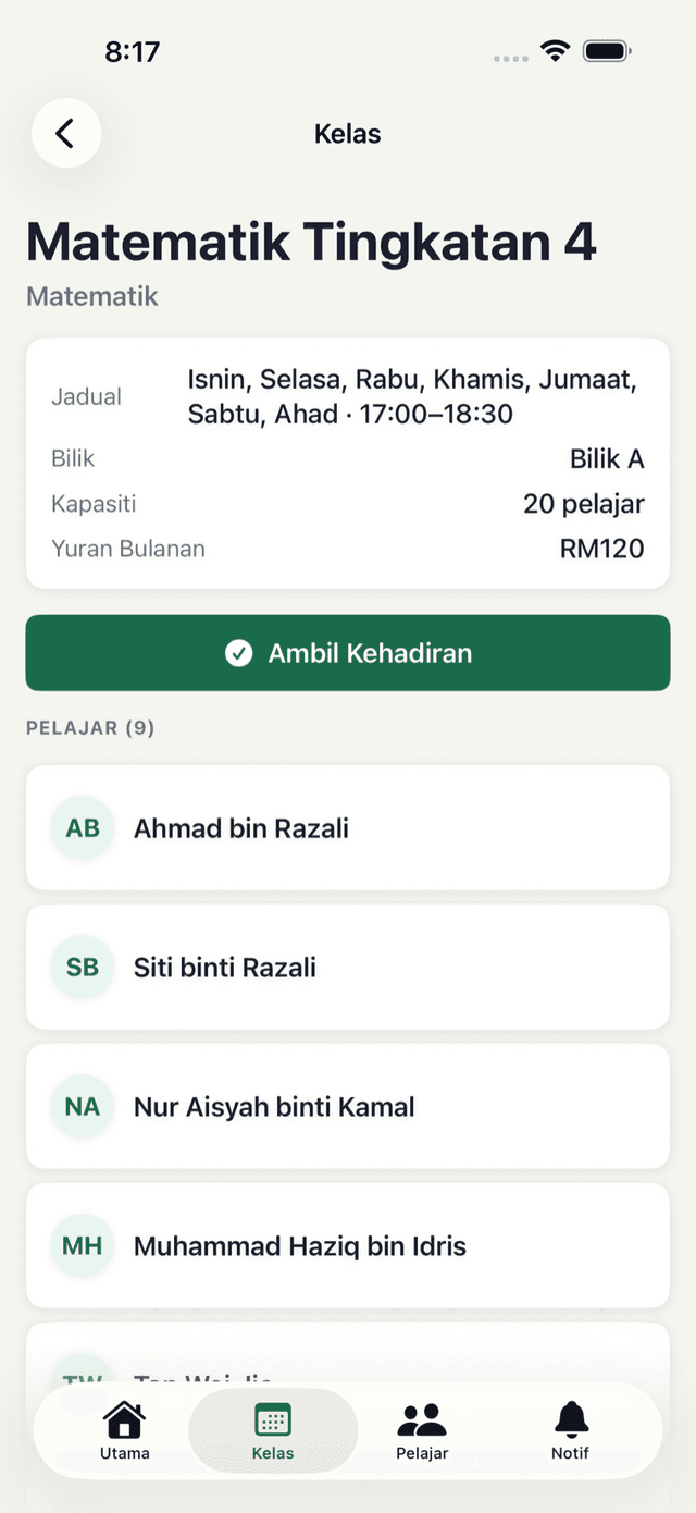 Butiran kelas dalam app iOS