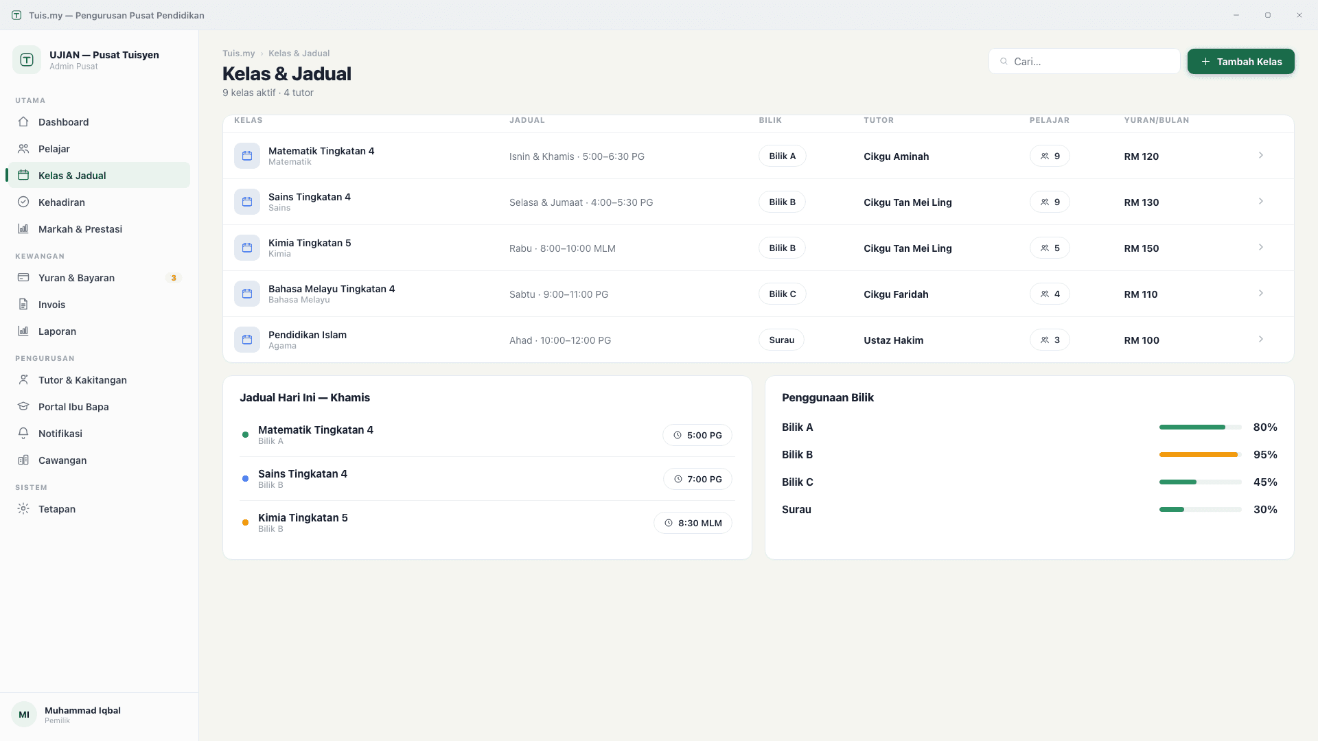 Kelas & Jadual dalam app Windows